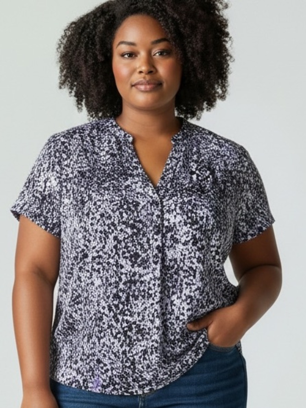 croft & barrow Navy , Black  and White Printed Short-Sleeve Blouse 1X